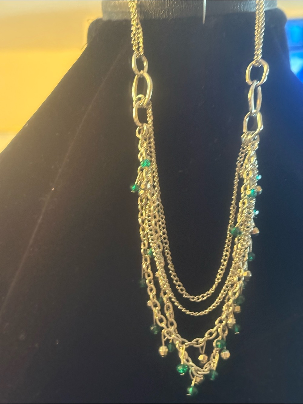Silver tone  Multi-Strand Necklace with Green Bead Accents